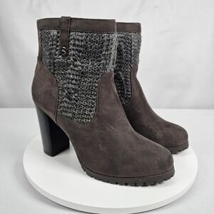 Juicy Couture Gray Textile Bootie Back Zip Size 8.5 Brown Suede High Heel NWOT